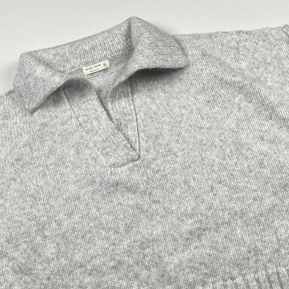 Miss Love Marl Polo Collar Cropped Chunky Knit Sweater Size M Gray Boxy Warm Top